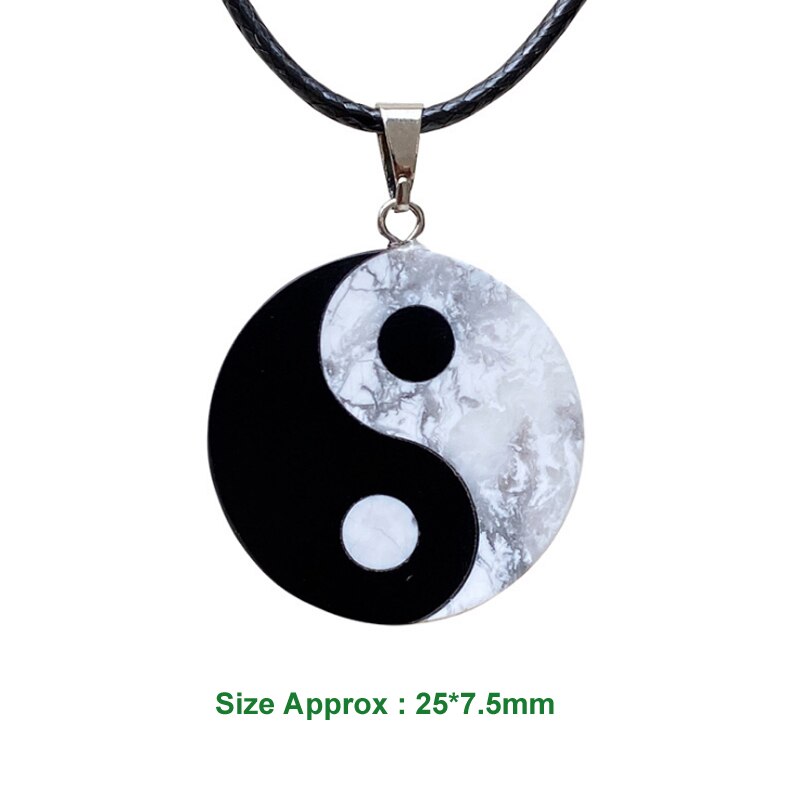 Natural Black & White Obsidian Yin Yang Tai Chi Pendant Necklace