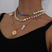 Load image into Gallery viewer, Boho Multilayer Pearl Beaded Coin Pendant Choker Necklace
