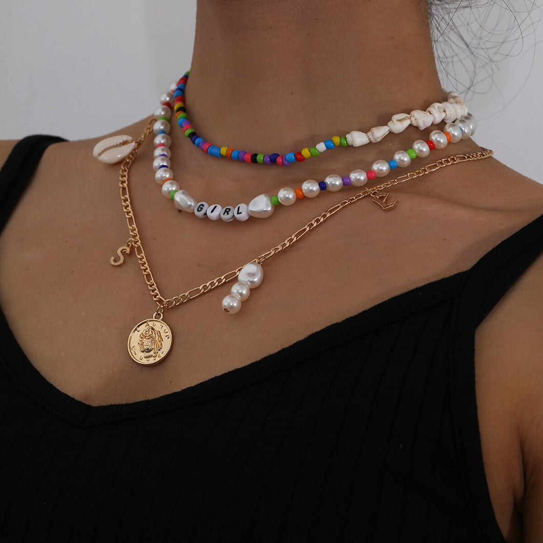 Boho Multilayer Pearl Beaded Coin Pendant Choker Necklace