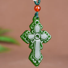 Load image into Gallery viewer, Natural Green Jade Cross Pendant Necklace Hand-carved Charm Jadeite Jewelry
