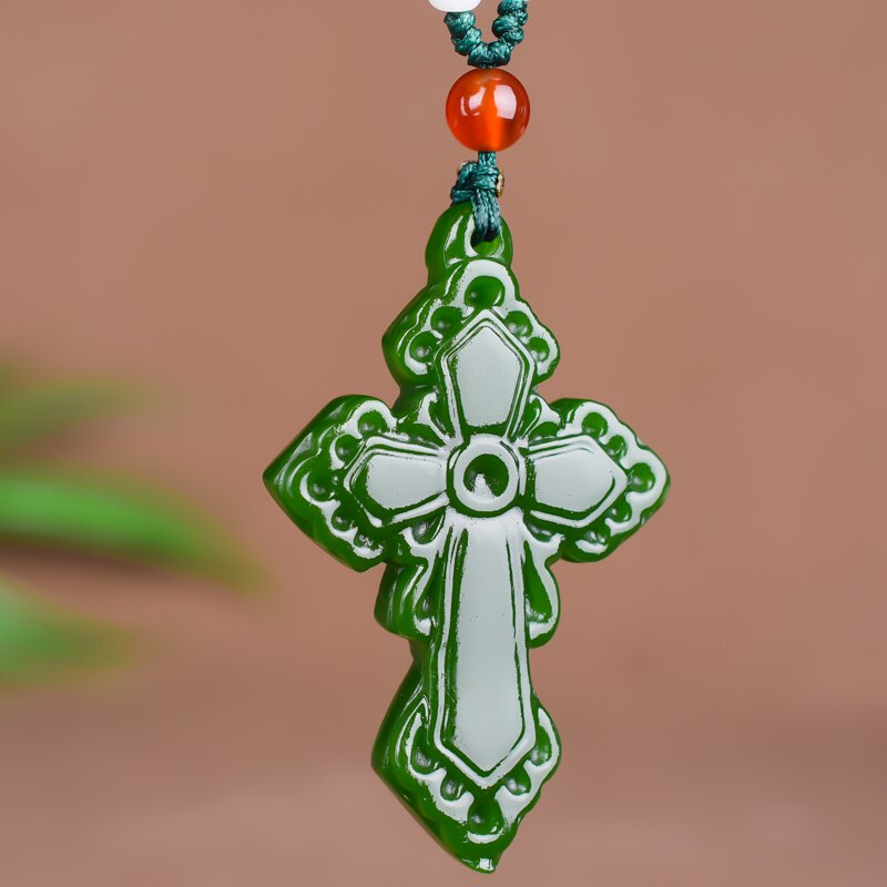 Natural Green Jade Cross Pendant Necklace Hand-carved Charm Jadeite Jewelry