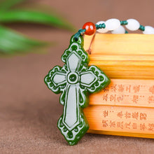 Load image into Gallery viewer, Natural Green Jade Cross Pendant Necklace Hand-carved Charm Jadeite Jewelry
