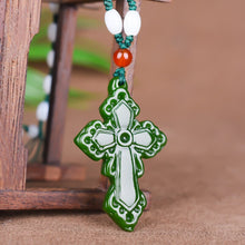 Load image into Gallery viewer, Natural Green Jade Cross Pendant Necklace Hand-carved Charm Jadeite Jewelry
