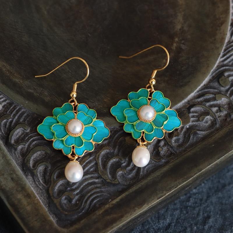 Cloisonne Pearl Enamel Porcelain Earrings Flower Vintage Retro Palace Exquisite Unique Charm Women's Brand Jewelry