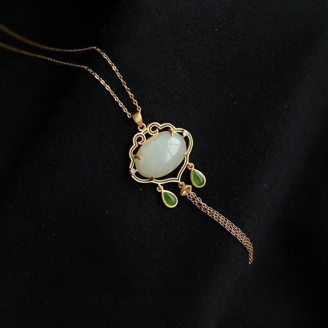 Creative New Gilt Inlaid Natural Fine White Jade Pendant Necklace Retro  Ladies Silver Jewelry