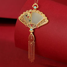 Load image into Gallery viewer, Creative Silver Inlaid Gilt Golden Fine Jade Boho Vintage Style Classical Tassel Necklace Pendant Elegant Lady Jewelry
