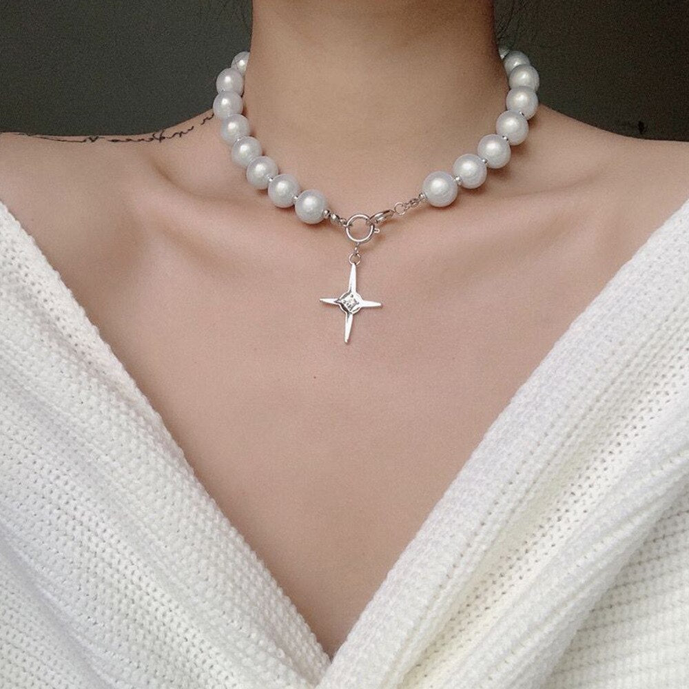 Elegant Pearl Beaded Cross Pendant Choker Necklaces