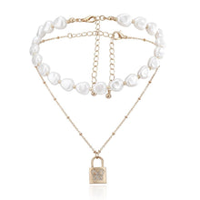 Load image into Gallery viewer, Double Layered  Irregular Pearl Beaded Rhinestone Butterfly Padlock Pendant Necklace
