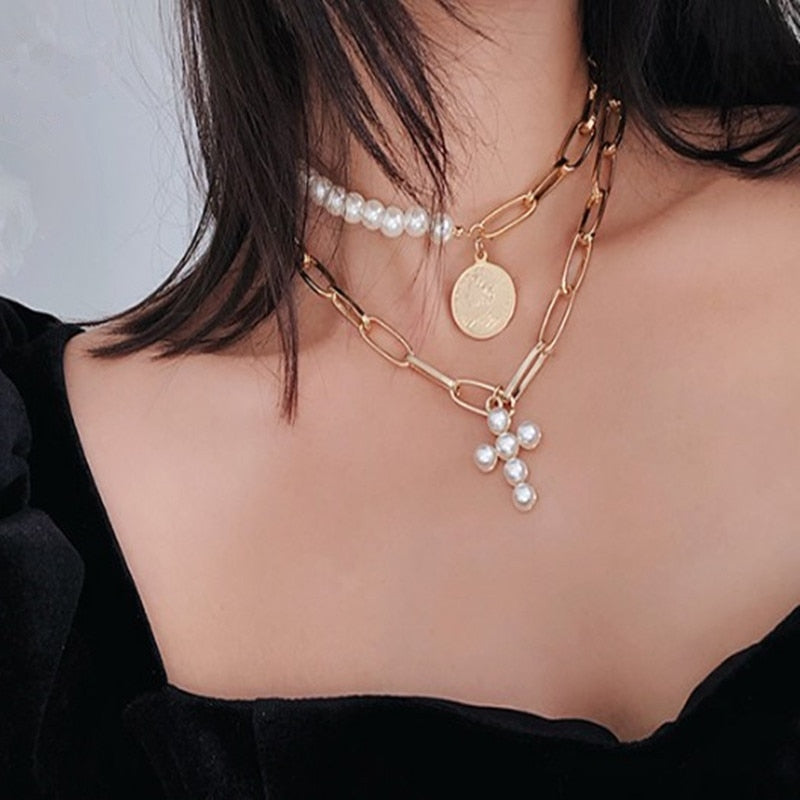 Tranquillity Multilayer Half Chain Half Pear Beaded Queen Coin Cross Pendant Choker Necklace