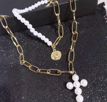 Load image into Gallery viewer, Tranquillity Multilayer Half Chain Half Pear Beaded Queen Coin Cross Pendant Choker Necklace
