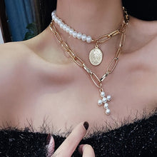 Load image into Gallery viewer, Tranquillity Multilayer Half Chain Half Pear Beaded Queen Coin Cross Pendant Choker Necklace
