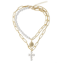 Load image into Gallery viewer, Tranquillity Multilayer Half Chain Half Pear Beaded Queen Coin Cross Pendant Choker Necklace
