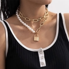 Load image into Gallery viewer, Ineffable Multilayer Half Chain Half Pearls Beede Padlock Pendant Necklace
