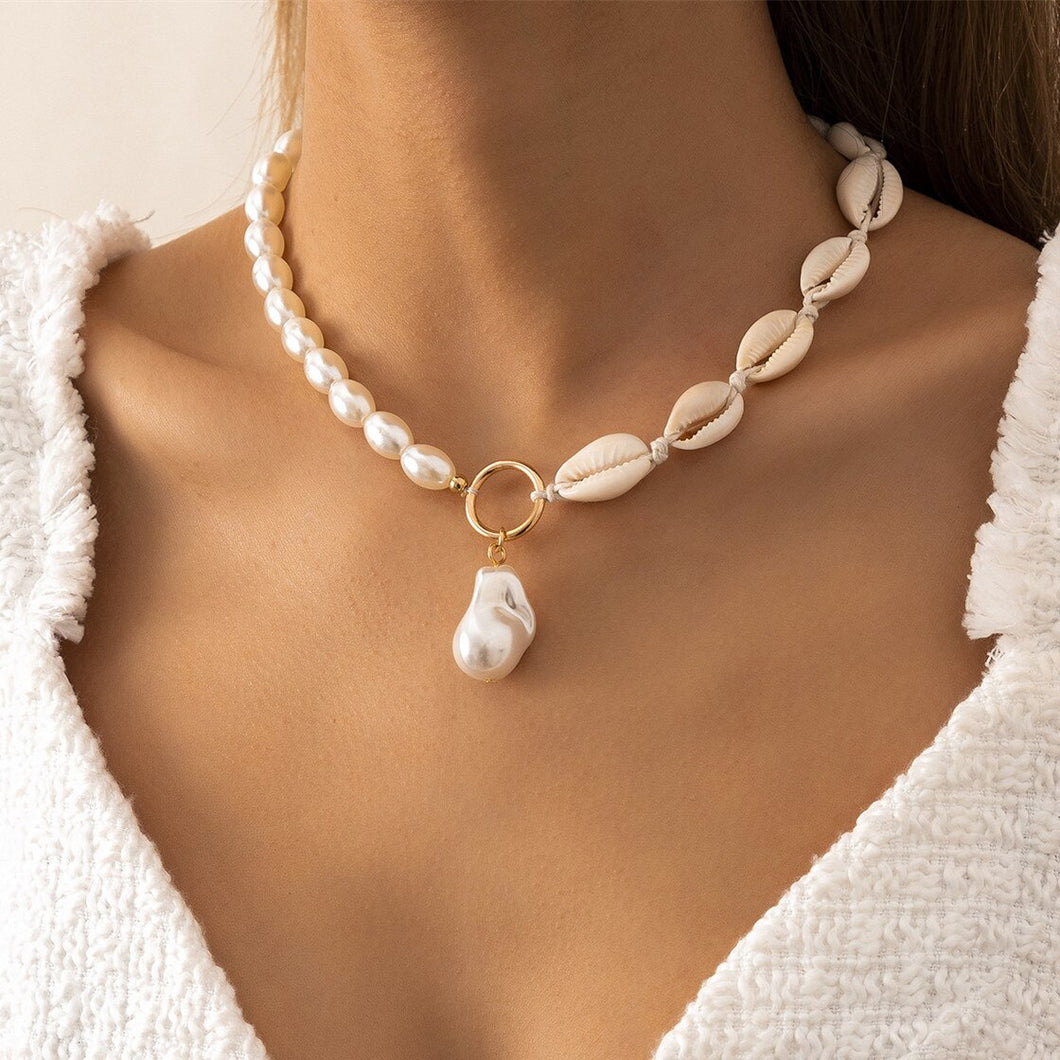 Half Shell Half Pearl Beaded Baroque Pearl Pendant Choker Clavicle Chain Necklace