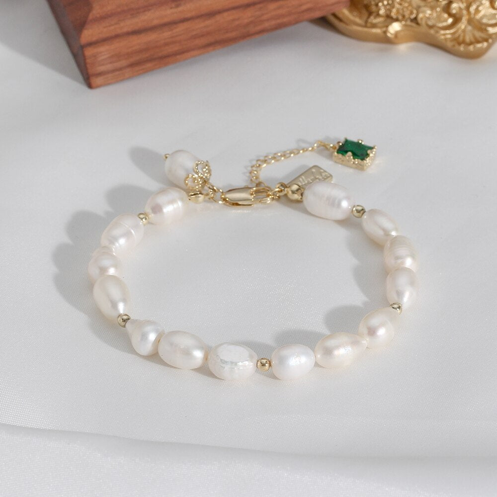 Limerence 14K Plated Gold Chain Baroque Pearl Beaded Green Zircon Charm Bracelet & Necklace