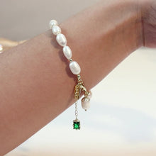 Load image into Gallery viewer, Limerence 14K Plated Gold Chain Baroque Pearl Beaded Green Zircon Charm Bracelet &amp; Necklace
