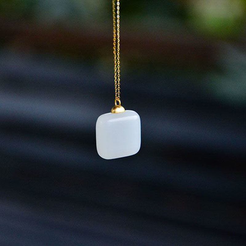 Designer Original New Natural Fine White Jade Square Necklace Pendant Fashion Simple Ladies Silver Jewelry