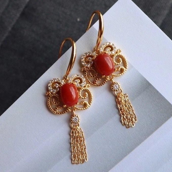 Designer Craftsmanship Natural Southern Red Agate Tassel Earrings Vintage Retro Luxury Artistic Charm Ladies Silver Jewelry