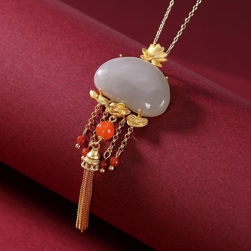 Designer Original Craftsmanship Inlaid Natural Fine Jade Palace Necklace Pendant Ladies Jewelry