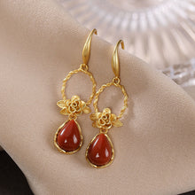 Load image into Gallery viewer, Designer Original Craftsmanship Inlaid Southern Red Agate Flower Earrings Luxury Ladies Silver Jewelry
