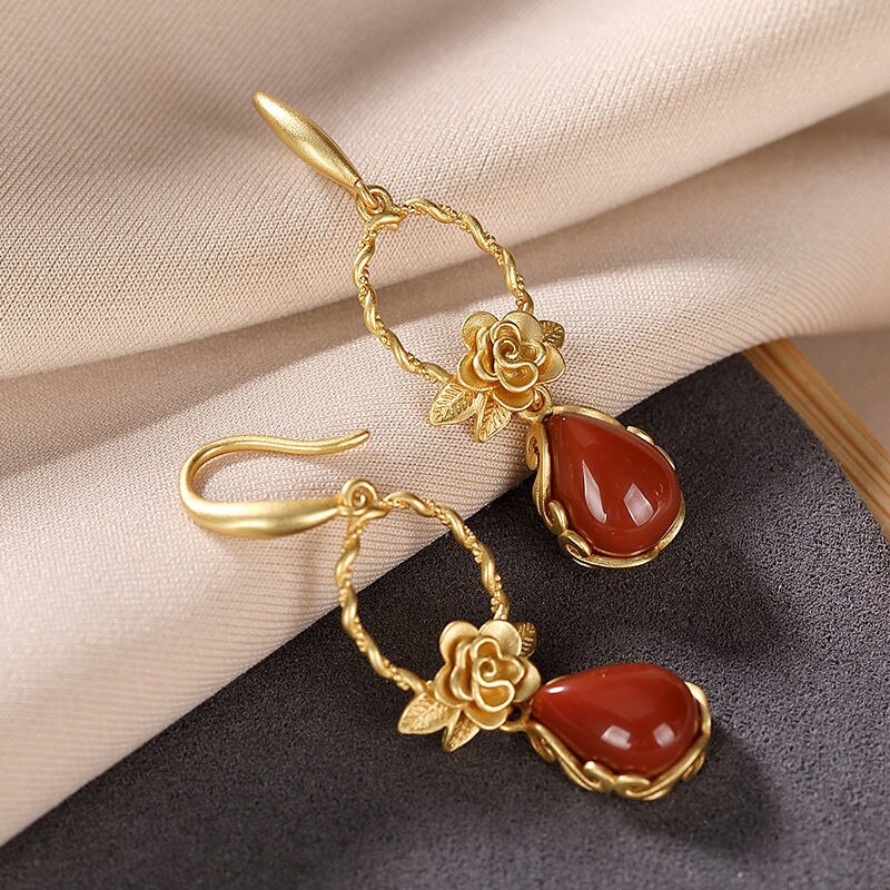 Designer Original Craftsmanship Inlaid Southern Red Agate Flower Earrings Luxury Ladies Silver Jewelry