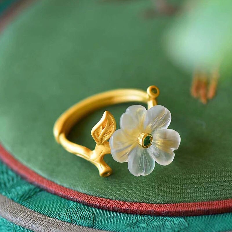 Designer Original Craftsmanship Silver Inlaid Natural Fine Jade Flower Opening Adjustable Ring Ladies Jewelry