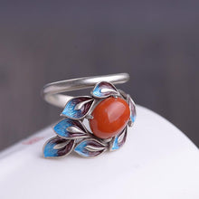 Load image into Gallery viewer, Original Design Enamel Porcelain Craft Feather Red Agate Open Ring Vintage Retro Luxury Charm Women&#39;s Silver Jewelry
