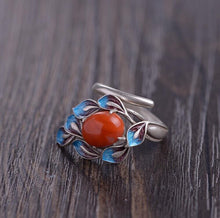 Load image into Gallery viewer, Original Design Enamel Porcelain Craft Feather Red Agate Open Ring Vintage Retro Luxury Charm Women&#39;s Silver Jewelry
