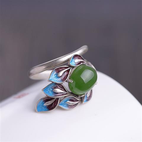 Original Design Enamel Porcelain Craft Feather Red Agate Open Ring Vintage Retro Luxury Charm Women's Silver Jewelry