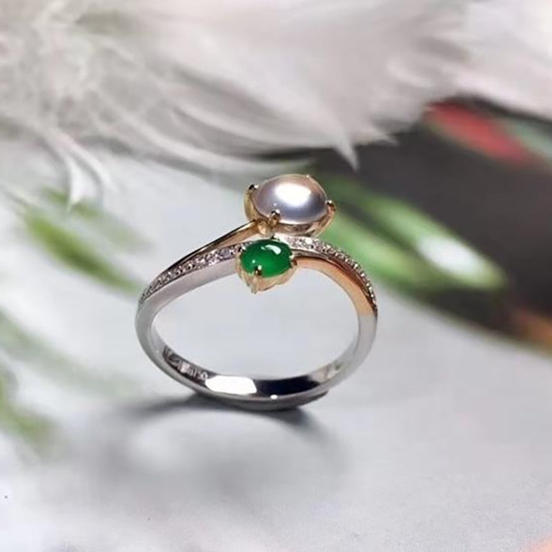 Designer Original Chalcedony Jade Round Opening Adjustable Ring Elegant Retro Silver Jewelry