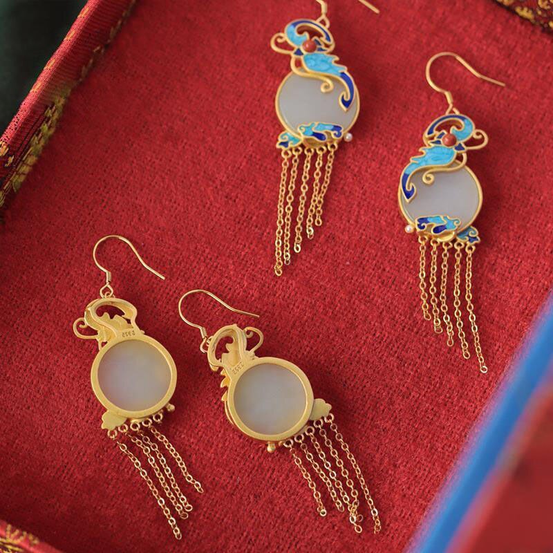 Designer Original Fine Jade Blue Butterfly Tassel Earrings Exquisite Retro Vintage Style Ladies Silver Jewelry