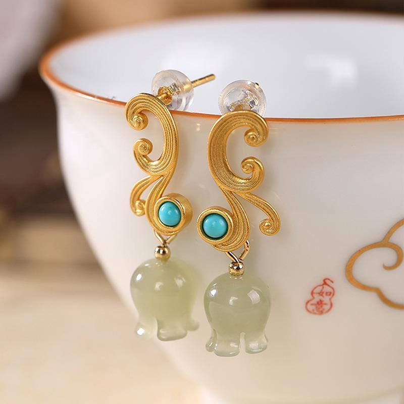 Designer Original Craftsmanship Fine Jade Bell Orchid Earrings Vintage Classic Ladies Silver Jewelry