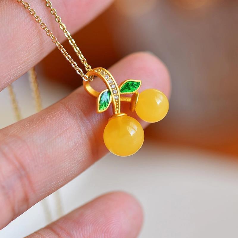 Designer Original Craftsmanship Inlaid Yellow Jade Cherry Necklace Pendant Elegant Ladies Jewelry