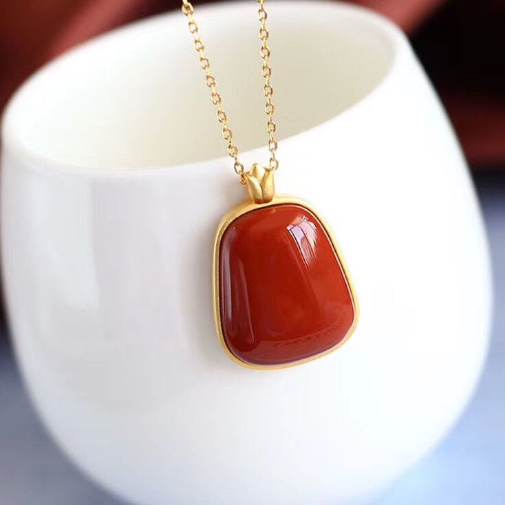 Designer Original Craftsmanship Inlaid Natural Southern Red Agate Pendant Necklace Elegant Jewelry