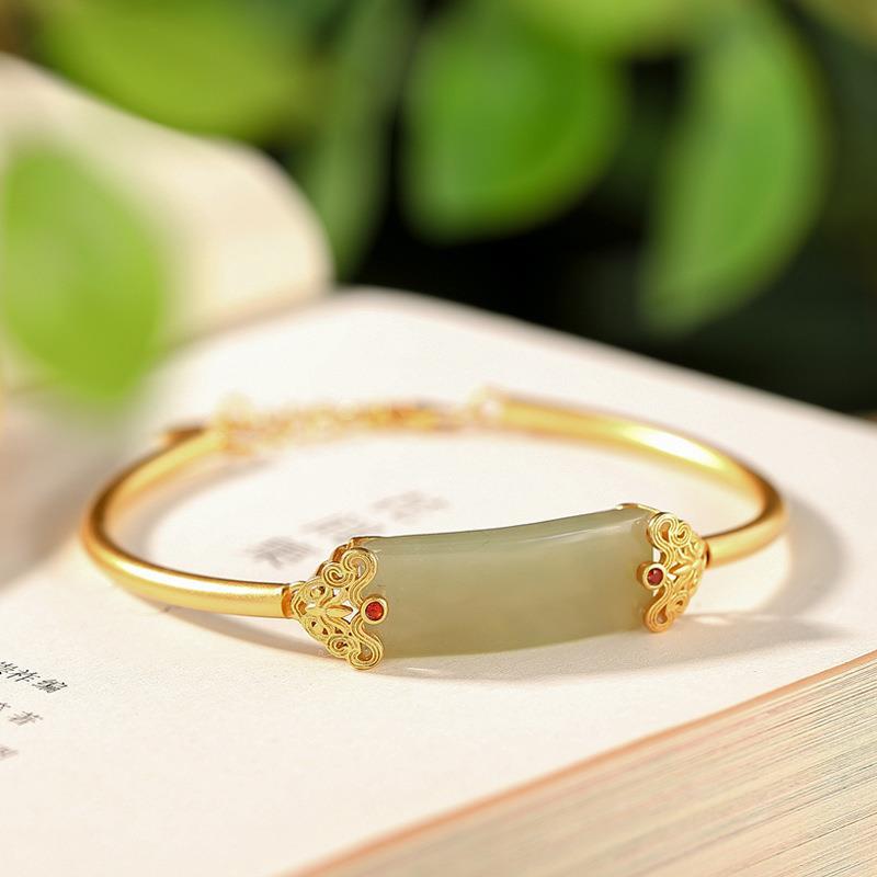 Designer Original Ancient Golden Craftsmanship Inlaid Natural Fine Jade Bracelet Elegant Charm Ladies Jewelry