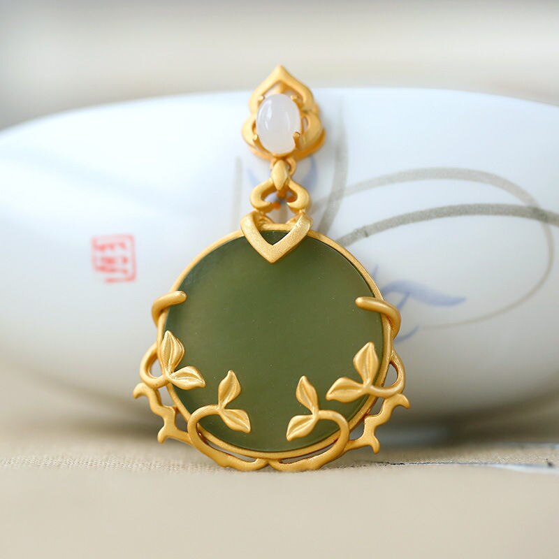 Designer Original New Ancient Golden Craftsmanship Inlaid Natural Fine Jade Necklace Pendant Ladies Jewelry