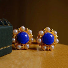 Load image into Gallery viewer, Designer Original Craftsmanship Inlaid Pearl Sun Flower Lapis Lazuli Earrings Ladies Silver Jewelry
