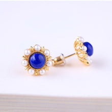 Load image into Gallery viewer, Designer Original Craftsmanship Inlaid Pearl Sun Flower Lapis Lazuli Earrings Ladies Silver Jewelry
