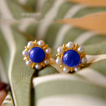 Load image into Gallery viewer, Designer Original Craftsmanship Inlaid Pearl Sun Flower Lapis Lazuli Earrings Ladies Silver Jewelry
