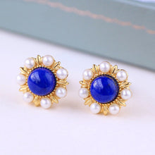 Load image into Gallery viewer, Designer Original Craftsmanship Inlaid Pearl Sun Flower Lapis Lazuli Earrings Ladies Silver Jewelry
