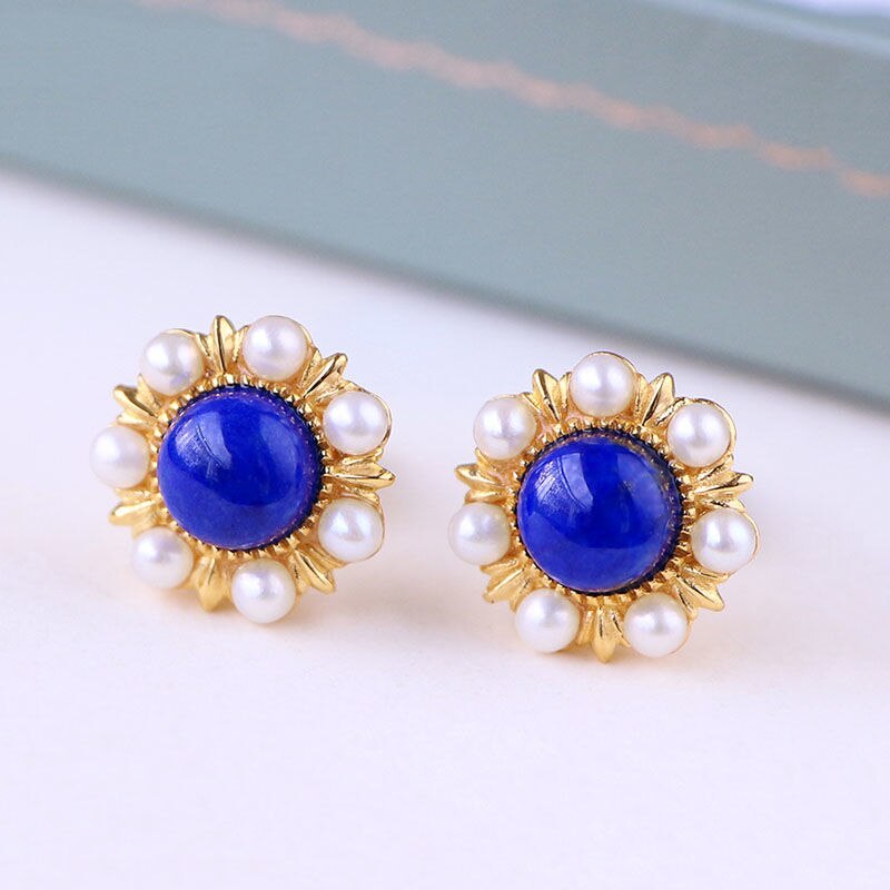 Designer Original Craftsmanship Inlaid Pearl Sun Flower Lapis Lazuli Earrings Ladies Silver Jewelry