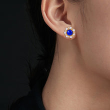 Load image into Gallery viewer, Designer Original Craftsmanship Inlaid Pearl Sun Flower Lapis Lazuli Earrings Ladies Silver Jewelry
