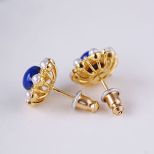 Load image into Gallery viewer, Designer Original Craftsmanship Inlaid Pearl Sun Flower Lapis Lazuli Earrings Ladies Silver Jewelry
