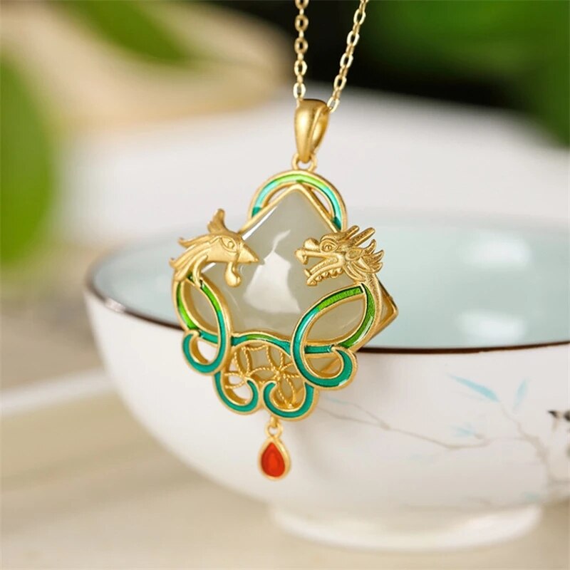 Designer Original Inlaid Dragon and Phoenix Natural Fine Jade Necklace Pendant Vintage Style Ladies Jewelry