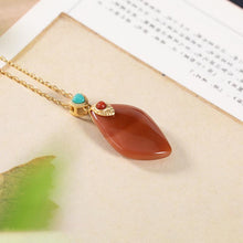 Load image into Gallery viewer, Designer Original Antique Silver Inlaid Natural Southern Red Agate Leaf Pendant Necklace Ladies Exquisite Jewelry
