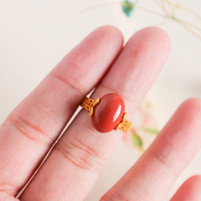 Designer Original Classic Southern Red Agate Opening Adjustable Gilt Ring Exquisite Lady Silver Jewelry