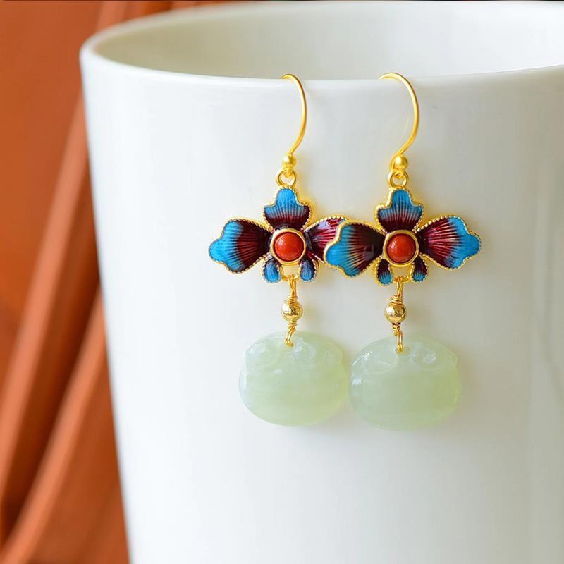 Designer Original New Enamel Porcelain Gilt Natural Fine Jade Earrings Retro Exquisite Ladies Silver Jewelry