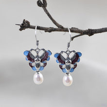 Load image into Gallery viewer, Designer Original Enamel Porcelain Inlaid Pearl Butterfly Earrings Elegant and Delicate Silver Jewelry for Lady
