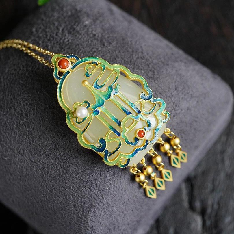 Designer Original Porcelain Inlaid Fine Jade Necklace Pendant Ethnic Boho Style Retro Ladies Jewelry