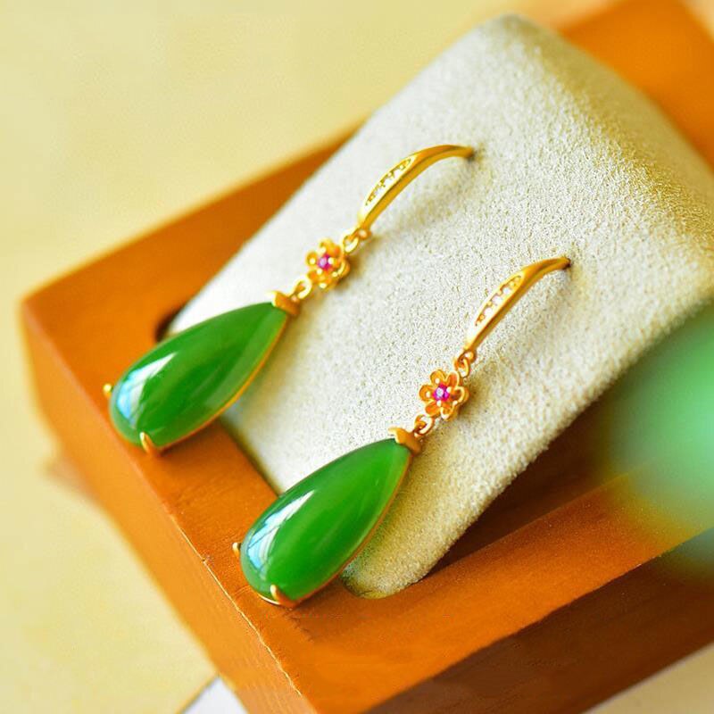 Lokaloca Original Flower Inlaid Drop-shaped Fine Jade Earrings